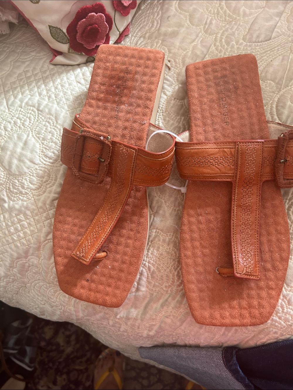Kelsi Dagger Orange Leather T-Strap Slide Sandals